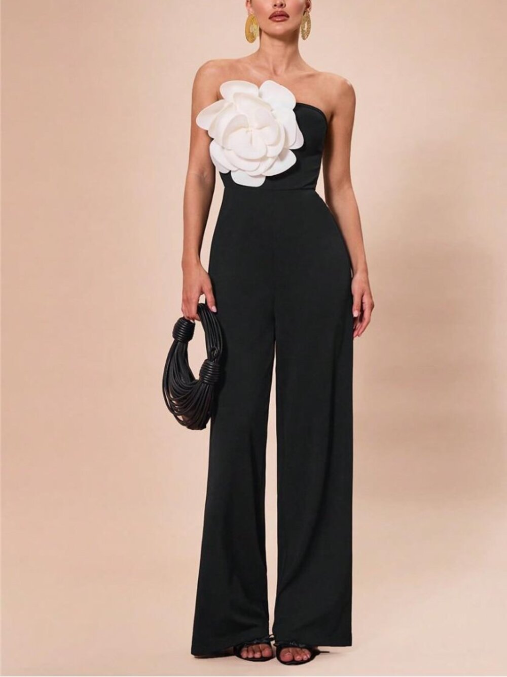 NEW - Elegant 3D Floral Strapless Wide Leg Jumpsuit Chic Party Glam - Picture 3 of 9